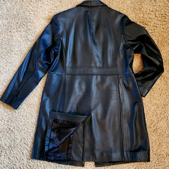 Modern Essentials Black Lambskin Leather Button Front Mid Length Coat Jacket XL - Picture 6 of 10
